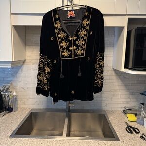 Johnny Was Black velvet Top with Gold Embroidery